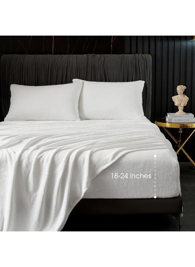 HYPREST Flannel Sheets Queen, Deep Pocket Queen Sheets Up to 24" Inches，250 GSM Velvet Plush Fleece Warm No Slip Bed Sheet Sets White - Image 1